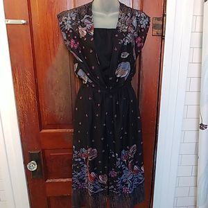 Vtg 70s Black Spaghetti Strap Dress Sheer Overlay
